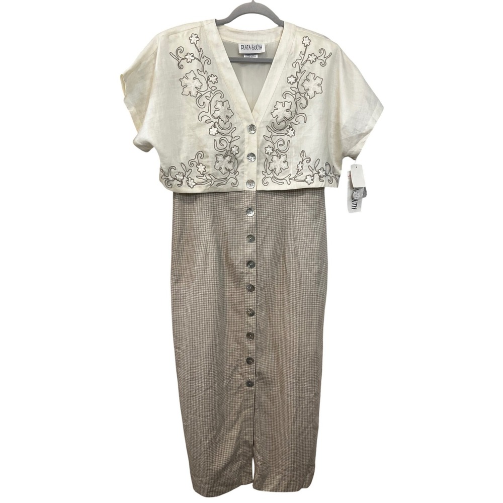 Plaza South Vintage 90s Embroidered Gingham Midi Dress NOS Ramie Linen Tan 14